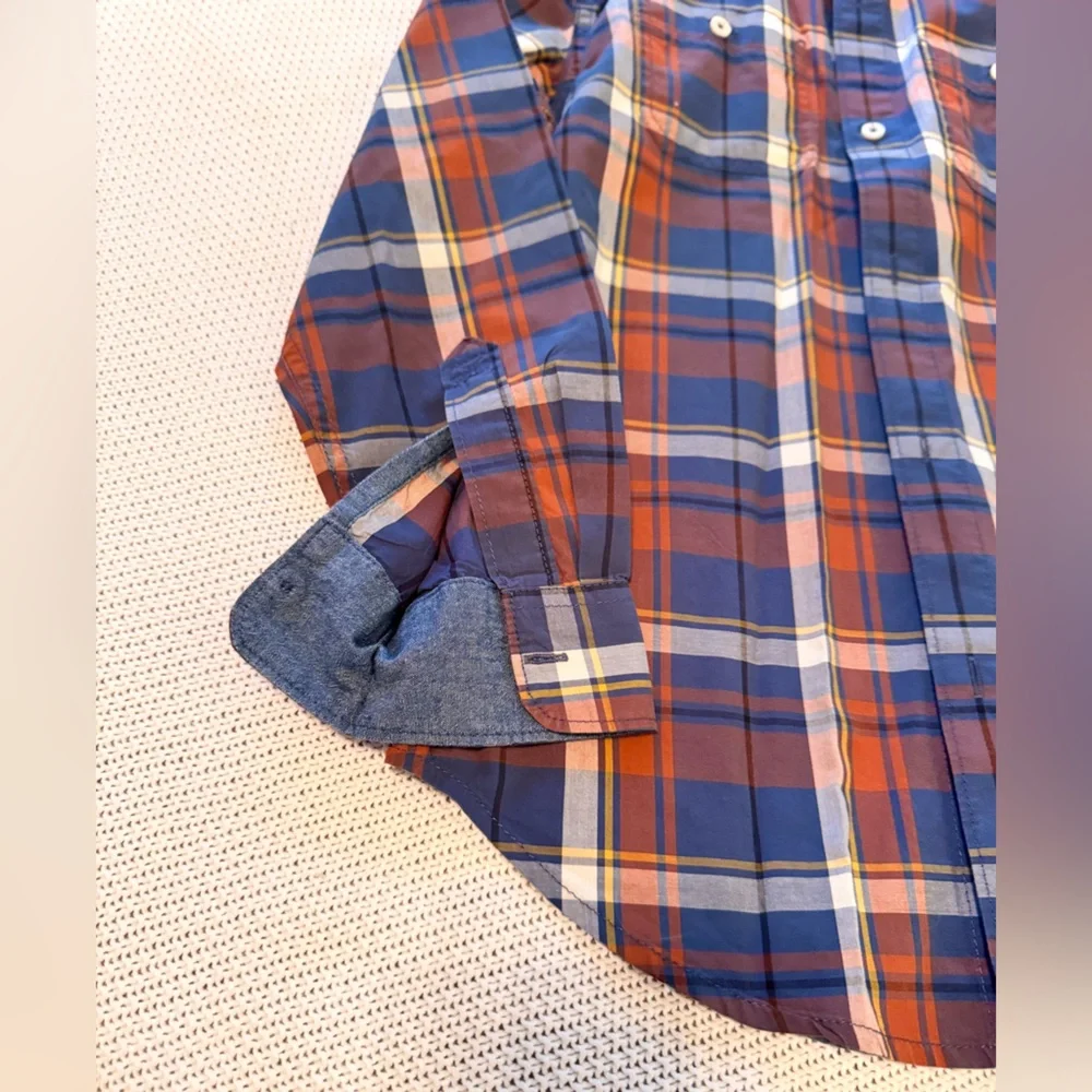 TUCKER + TATE Boys Tartan Plaid Button Down Shirt Navy Blue Rust Orange White - Picture 4 of 8